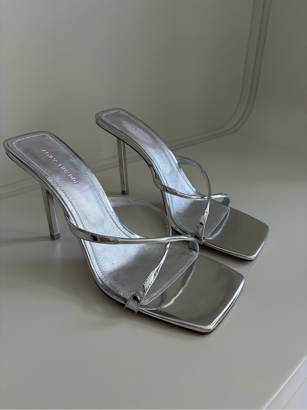 Amina muaddi silver sandal heel NWOT